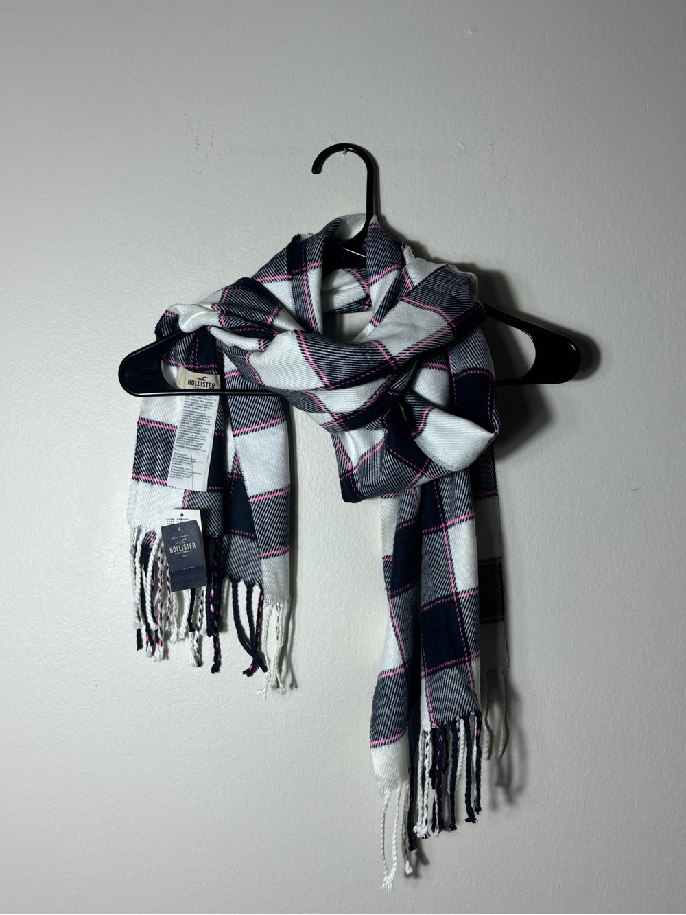 Hollister Navy, White & Pink Plaid Fringe Scarf
